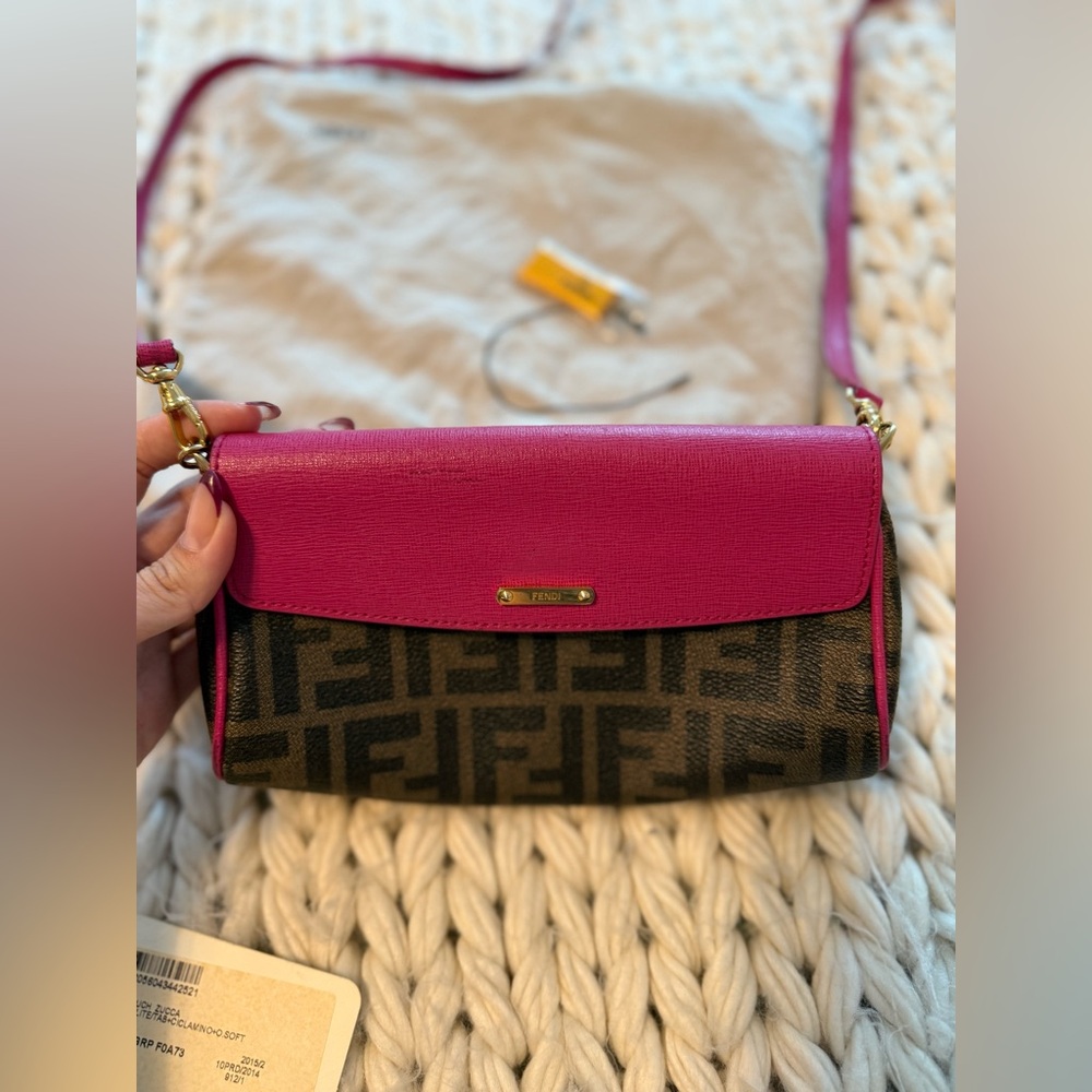 Authentic FENDI 2015 Zucca Pink cyclamin & Tobacco Mini Pouch wt boxtagsdustbag - Picture 5 of 17